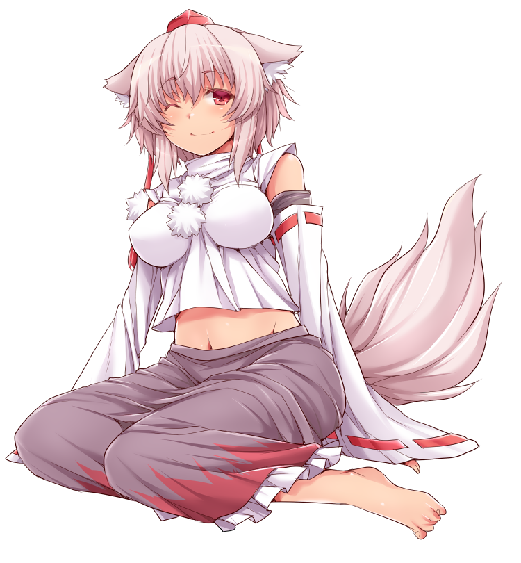 animal_ears bad_feet bare_shoulders barefoot breasts detached_sleeves full_body groin hasu_(hk_works) hat impossible_clothes inubashiri_momiji large_breasts midriff navel one_eye_closed red_eyes simple_background sitting smile solo tail tokin_hat touhou white_background wolf_ears wolf_tail
