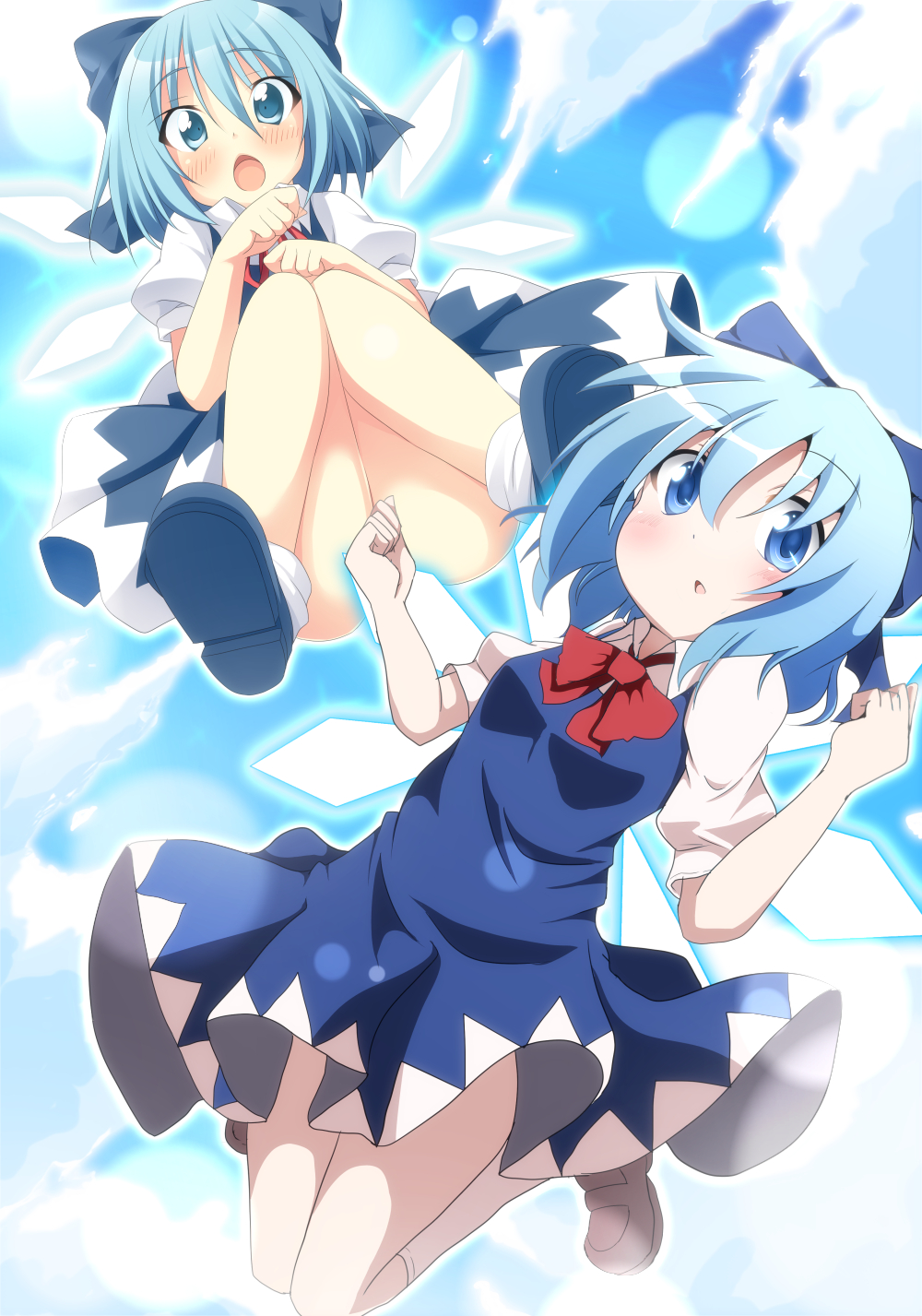 bad_id bad_pixiv_id blue_eyes blue_hair blush bow censored cirno collaboration convenient_censoring do_(4-rt) dress hair_bow highres multiple_girls oniku_(shimofuri-ke) open_mouth touhou wings