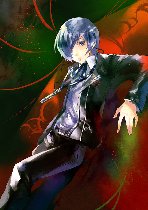 bad_id bad_pixiv_id blue_eyes blue_hair digital_media_player hair_over_one_eye headphones male_focus noki_(affabile) persona persona_3 school_uniform solo yuuki_makoto