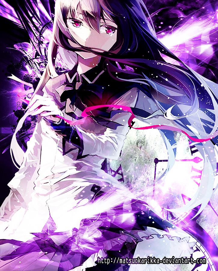 akemi_homura black_hair clock long_hair mahou_shoujo_madoka_magica red_eyes ribbon ryan_stephens skirt skirt_set solo tears