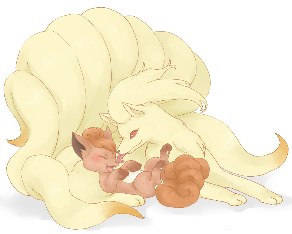 blush canine cute duo eyes_closed feral fox licking mammal multiple_tails ninetales nintendo open_mouth plain_background pok&#233;mon pok&eacute;mon red_eyes shadow size_difference smile tongue tongue_out video_games vulpix white_background