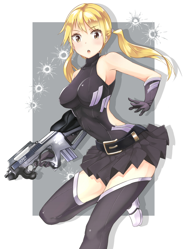 armpits assault_rifle bare_shoulders black_gloves blonde_hair blush boots brown_eyes bullpup chestnut_mouth elbow_gloves gloves gun long_hair looking_at_viewer magazine_(weapon) original pleated_skirt rifle seburo_mn23 skirt solo tamakaga thigh_boots thighhighs twintails weapon zettai_ryouiki