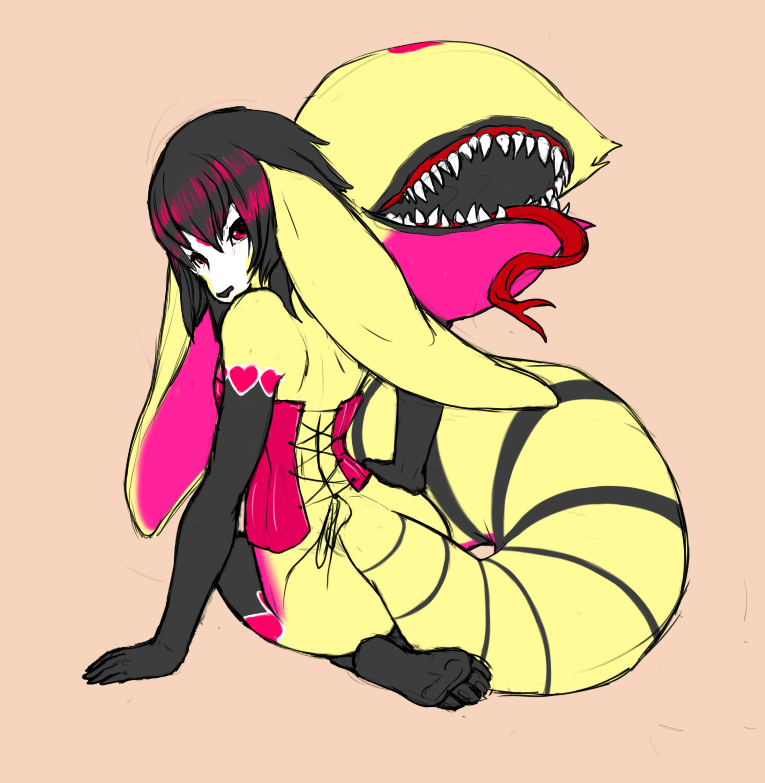 black_hair black_markings choral corset corsett erinkitty female fur hair ivory-raven lagomorph mammal markings open_mouth pink_hair pink_markings rabbit tail_mouth teeth tongue two_tone_hair yellow_fur