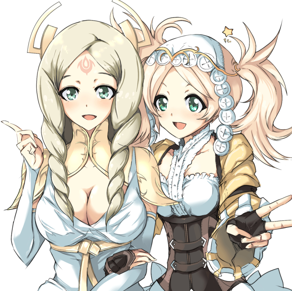 :d blonde_hair breasts bridal_gauntlets cleavage dress drill_hair echizen_(hvcv) emerina facial_mark fingerless_gloves fire_emblem fire_emblem:_kakusei forehead_mark gloves green_eyes large_breasts liz_(fire_emblem) long_hair medium_breasts multiple_girls open_mouth siblings simple_background sisters smile twintails v white_background