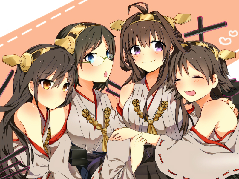 bare_shoulders blue_eyes blush breasts brown_eyes brown_hair closed_eyes detached_sleeves double_bun glasses hair_ornament hairband haruna_(kantai_collection) headgear hiei_(kantai_collection) japanese_clothes kantai_collection kirishima_(kantai_collection) knight07 kongou_(kantai_collection) long_hair medium_breasts multiple_girls nontraditional_miko open_mouth short_hair skirt smile yellow_eyes