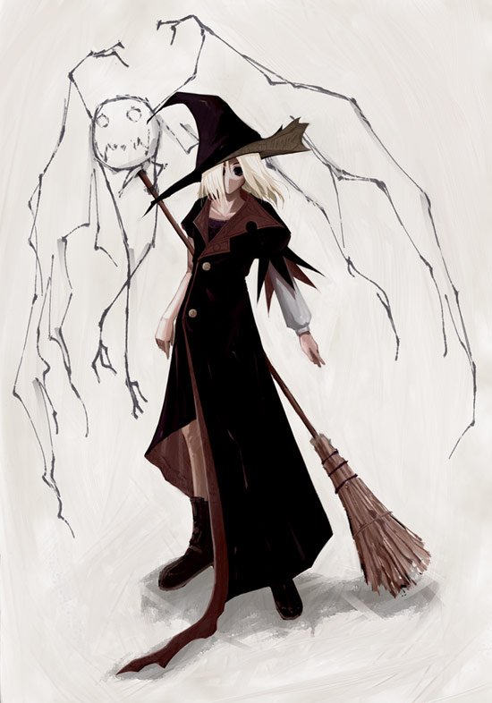 asymmetrical_clothes blonde_hair boots broom coat full_body hat long_hair original solo standing travo witch witch_hat
