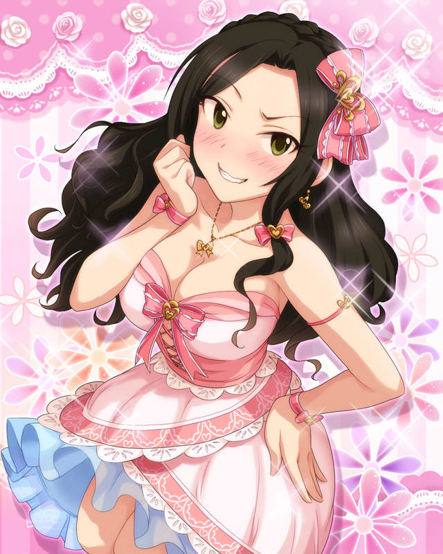 alternate_hairstyle artist_request black_hair blush breasts brown_hair cleavage earrings grin hand_on_hip idolmaster idolmaster_cinderella_girls jewelry large_breasts long_hair mukai_takumi official_art pendant smile wavy_mouth