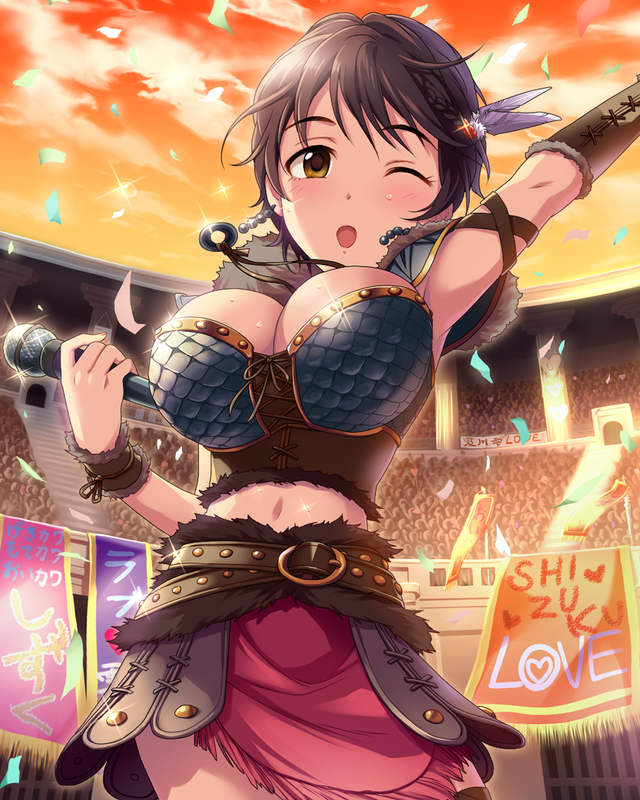 ;o belt breasts brown_eyes brown_hair cleavage earrings hairband idolmaster idolmaster_cinderella_girls jewelry large_breasts microphone necklace official_art oikawa_shizuku one_eye_closed short_hair skirt solo stage wristband