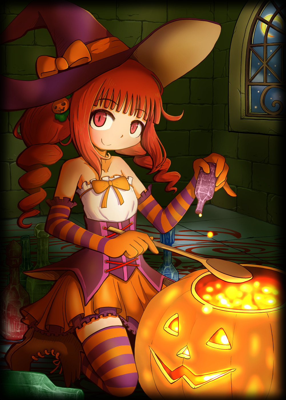 alternate_hairstyle bare_shoulders blush boots bow brown_hair drill_hair earrings elbow_gloves gloves halloween hat hat_bow highres idolmaster idolmaster_(classic) jack-o'-lantern jewelry kneeling long_hair looking_at_viewer pumpkin red_eyes smile solo striped striped_gloves striped_legwear takatsuki_yayoi thighhighs twintails witch_hat yuutousei