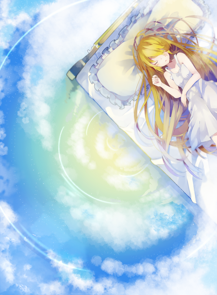 album_cover bad_id bad_pixiv_id bed blonde_hair closed_eyes cloud cover dress hair_over_one_eye itamidome long_hair lying on_back original pillow sky sleeping solo very_long_hair