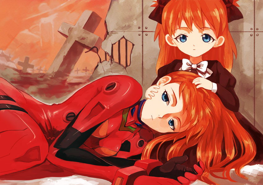 blue_eyes bow child cross dual_persona expressionless hair_bow hand_on_another's_head lying multiple_girls neon_genesis_evangelion orange_hair plugsuit souryuu_asuka_langley time_paradox two_side_up walrus-ruin younger
