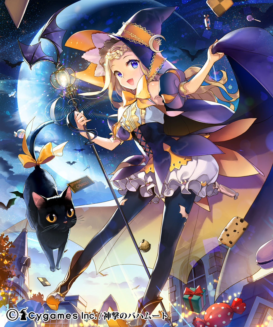 animal bat black_legwear blonde_hair blue_eyes boots candy cape cat cookie crescent fang food halloween hat long_hair looking_at_viewer pantyhose revision salt_(salty) shingeki_no_bahamut short_sleeves smile solo staff witch_hat