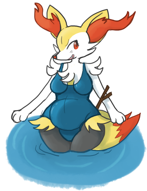 anthro braixen canine female fennec fox mammal nintendo pok&#233;mon pok&eacute;mon pregnant russet_(artist) solo swimsuit video_games wide_hips