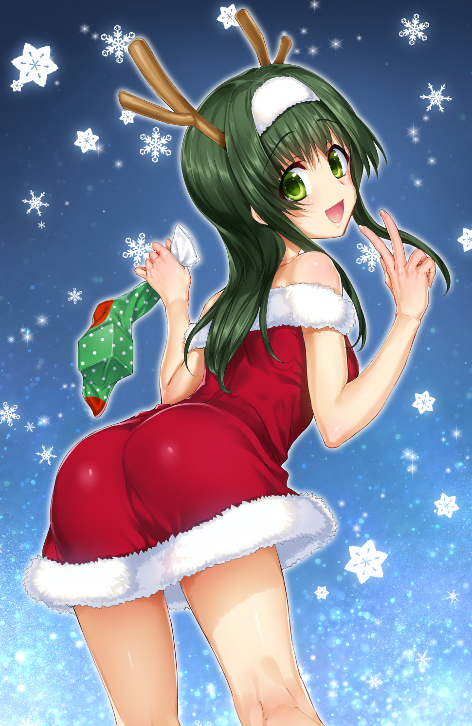 1girl :d antlers ass bangs bare_shoulders blue_background blush chunithm cube dress eyebrows_visible_through_hair from_behind fur-trimmed_dress gradient gradient_background green_eyes green_hair green_legwear highres hisasi holding_socks leaning_forward long_hair looking_at_viewer looking_back off-shoulder_dress off_shoulder open_mouth polka_dot polka_dot_legwear reindeer_antlers santa_costume smile snowflakes socks_removed solo tareme tsukisuzu_shirona v white_hoodie