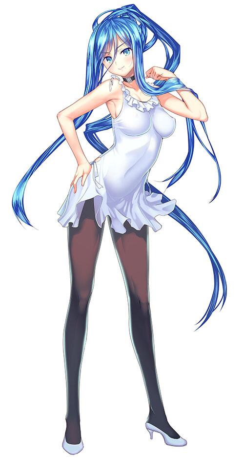 aoki_hagane_no_arpeggio black_legwear blue_eyes blue_hair breasts choker coffee_cat covered_navel dress full_body hair_between_eyes hand_on_hip high_heels jpeg_artifacts leaning_forward legs long_hair long_legs medium_breasts mole mole_under_mouth pantyhose perky_breasts personification ponytail sidelocks simple_background solo takao_(aoki_hagane_no_arpeggio) very_long_hair white_background white_dress