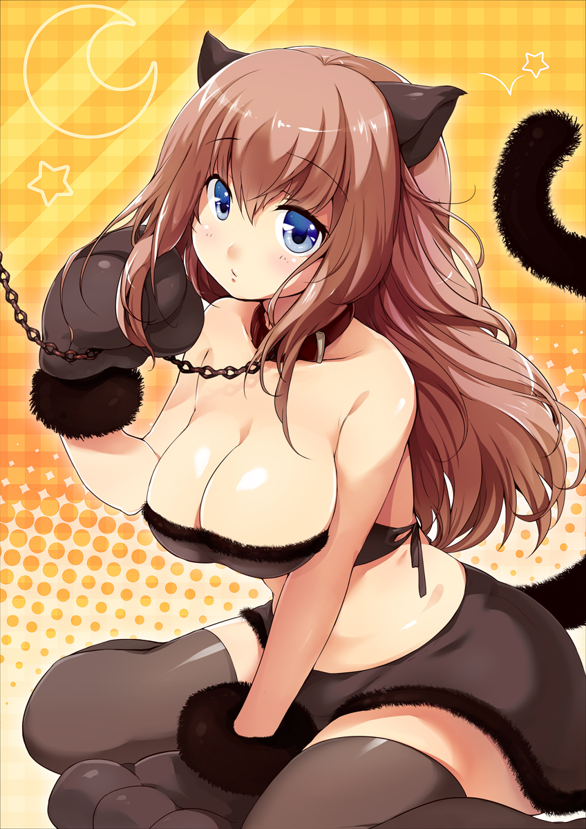 animal_ears arm_support bare_shoulders black_legwear blue_eyes blush breasts brown_hair cat_ears cat_paws cat_tail chain cleavage collar collarbone fur_trim gloves halloween highres large_breasts leash long_hair looking_at_viewer md5_mismatch midriff original paw_gloves paws ruri_rarako sitting solo tail thighhighs wariza wavy_hair