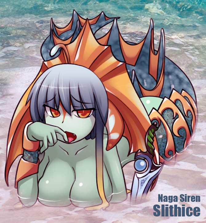 breasts defense_of_the_ancients dota_2 english fang finger_licking large_breasts licking monster_girl rabbitbrush slithice solo tongue tongue_out