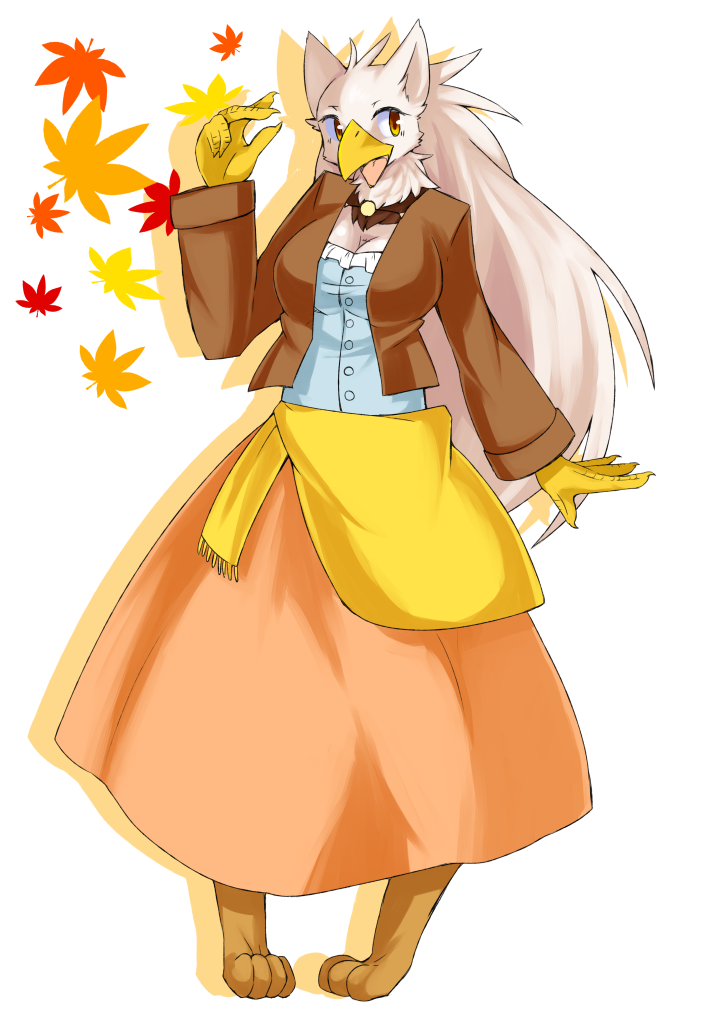 4_toes 5_fingers anthro autumn avian beak big_breasts breasts brown_fur cleavage clothed clothing cute falling_leaves female fur granoa gryphon hair long_hair long_skirt open_beak open_mouth plain_background pose shioinu skirt solo white_background white_fur yellow_eyes