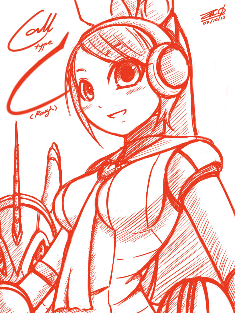 breasts call_(mighty_no._9) call_c dated long_hair medium_breasts mighty_no._9 monochrome necktie ponytail robot robot_ears robot_joints signature sketch solo zilhouette