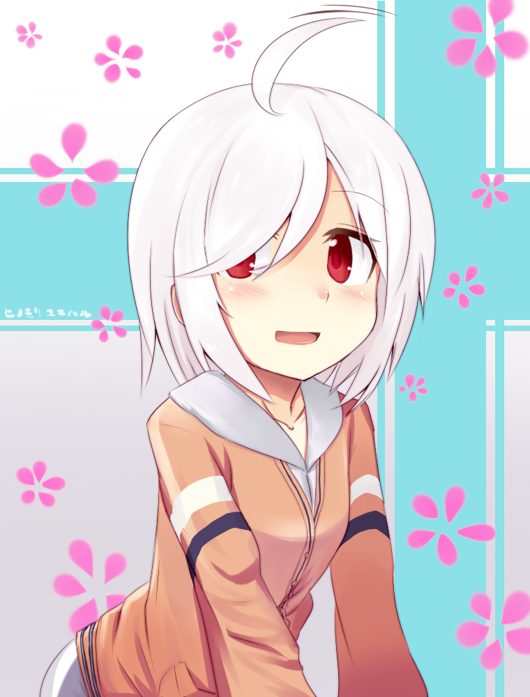 adyisu ahoge blush borrowed_character hinomori_yukiharu looking_back open_mouth original red_eyes short_hair smile solo white_hair