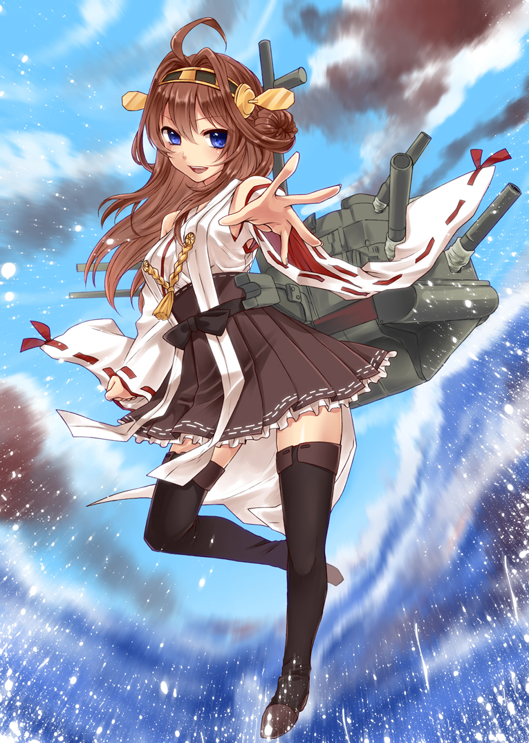 bare_shoulders black_legwear blue_eyes blush boots brown_hair cannon detached_sleeves double_bun hair_ornament hairband headgear japanese_clothes kantai_collection kongou_(kantai_collection) long_hair nontraditional_miko open_mouth ribbon-trimmed_sleeves ribbon_trim skirt smile solo thigh_boots thighhighs turret water yayoi_(egoistic_realism)