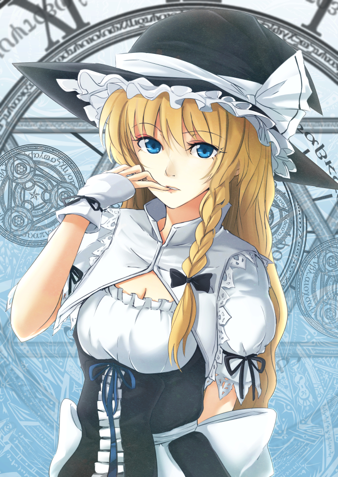 adapted_costume alternate_costume alternate_eye_color bad_id bad_pixiv_id black_dress blonde_hair blue_eyes bow braid cibo_(killy) curiosities_of_lotus_asia dress finger_to_mouth hair_ribbon hand_to_own_mouth hat hat_bow kirisame_marisa long_hair looking_at_viewer magic_circle puffy_short_sleeves puffy_sleeves ribbon shirt short_sleeves single_braid solo touhou very_long_hair white_bow witch_hat wrist_cuffs