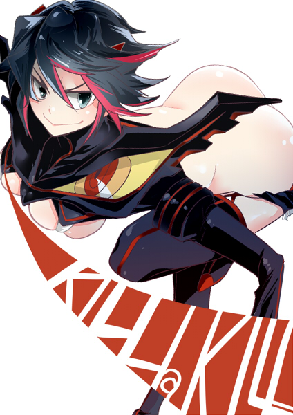 1girl ass black_hair boots breasts from_above kill_la_kill matoi_ryuuko multicolored_hair senketsu thigh_boots thighhighs two-tone_hair