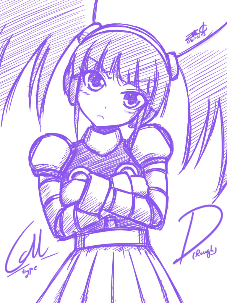 :&lt; android blush call_(mighty_no._9) call_d crossed_arms dated head_tilt headphones long_hair mighty_no._9 monochrome purple robot_joints signature sketch skirt solo twintails zilhouette