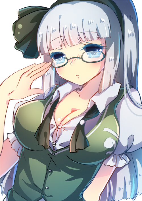 alternate_breast_size alternate_hair_length alternate_hairstyle bad_id bad_pixiv_id bespectacled blue_eyes blush breasts cleavage emia_wang glasses hairband konpaku_youmu large_breasts long_hair looking_at_viewer silver_hair sketch solo touhou
