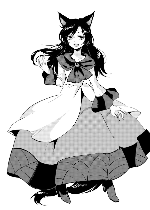 animal_ears bad_id bad_pixiv_id brooch greyscale imaizumi_kagerou jewelry long_hair long_sleeves looking_at_viewer monochrome open_mouth shinoasa shirt skirt smile solo tail touhou wide_sleeves wolf_ears wolf_tail