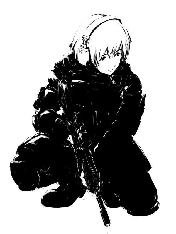 assault_rifle greyscale gun headset knee_pads load_bearing_vest m4_carbine military monochrome original rifle sai_hate scope short_hair solo weapon white_background