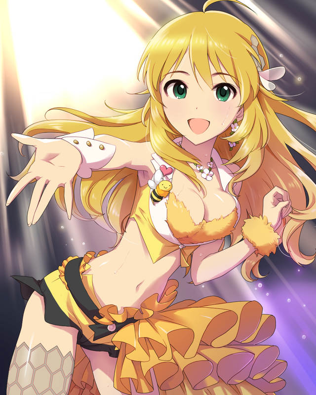 :d ahoge bee blonde_hair breasts bug cleavage flower green_eyes heart honeycomb_(pattern) honeycomb_print hoshii_miki idolmaster idolmaster_(classic) idolmaster_cinderella_girls insect long_hair medium_breasts midriff navel official_art open_mouth smile sweat thighhighs