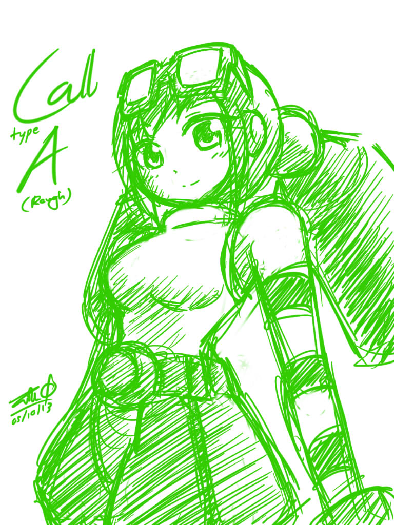 breasts call_(mighty_no._9) call_a dated goggles goggles_on_head headgear medium_breasts mighty_no._9 monochrome robot short_hair signature sketch solo striped_sleeves zilhouette