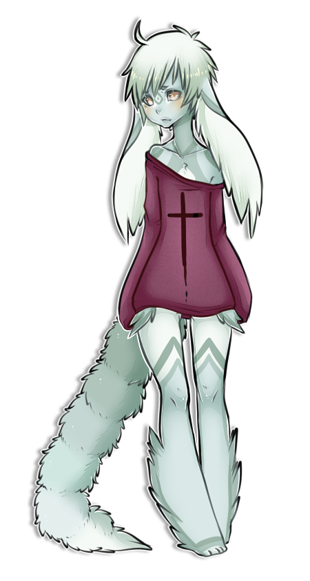 alpha_channel antenna_hair anthro bipedal bottomless collarbone cross ears_down fluffy_tail front_view fur grey_fur grey_markings hair long_ears off_shoulder plain_background purple_shirt roxasys sad shirt_logo shy solo standing transparent_background unknown_species white_fur white_hair white_skin yellow_eyes
