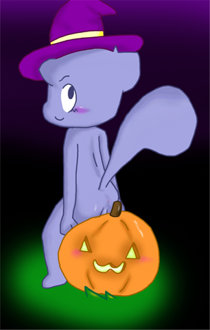 anus balls blue_fur butt halloween hat holidays male nude presenting pumpkin raised_tail smile