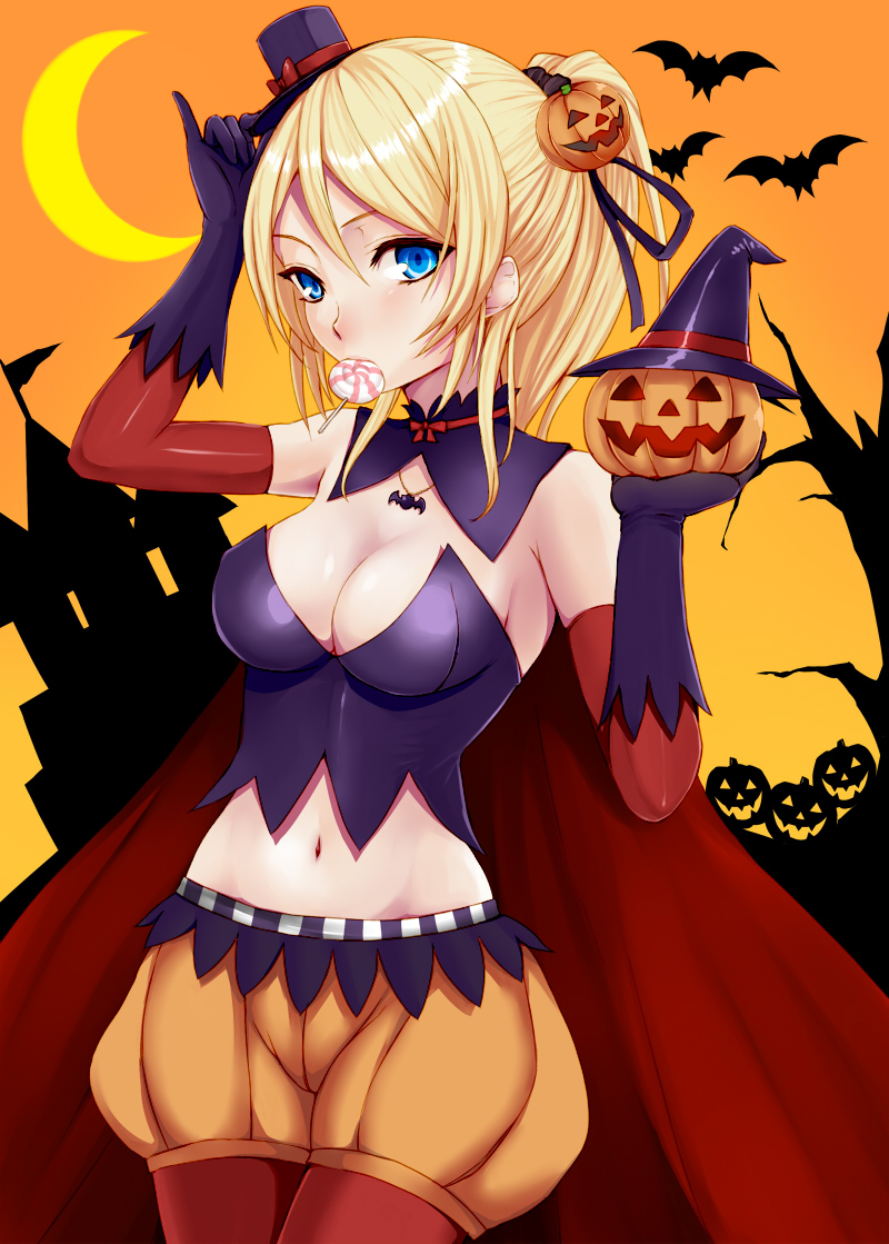 ayase_eli blonde_hair blue_eyes breasts candy cleavage elbow_gloves food gloves hat jack-o'-lantern lollipop long_hair love_live! love_live!_school_idol_project medium_breasts midriff mini_hat mini_top_hat navel pantyhose pumpkin_shorts simon_(n.s_craft) solo top_hat