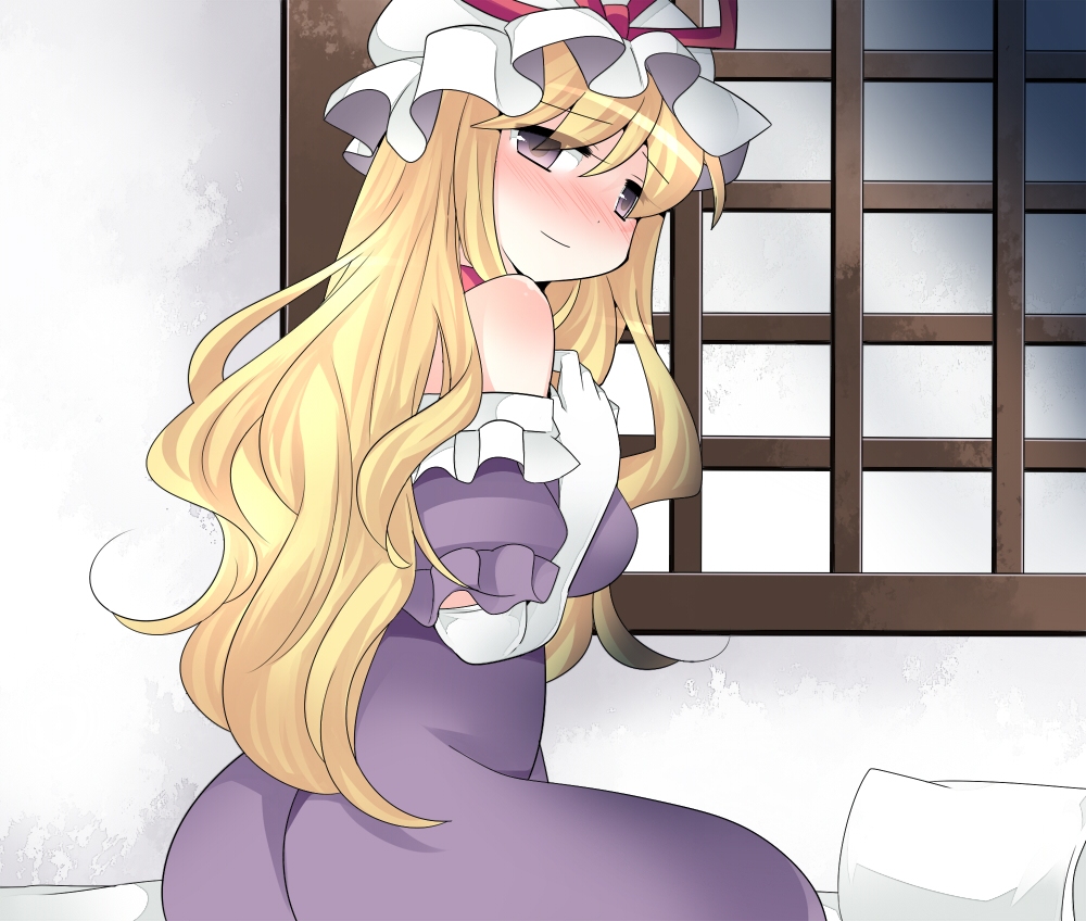 ass back bare_shoulders blonde_hair blush bow breasts choker cleavage commentary cushion dress elbow_gloves gloves hair_bow hammer_(sunset_beach) hat large_breasts long_hair purple_dress purple_eyes ribbon sitting smile solo touhou white_gloves yakumo_yukari