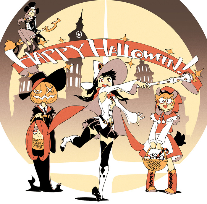 animal_ears basket boots commentary dress english_commentary halloween hat jack-o'-lantern kagari_atsuko kickstarter little_witch_academia lotte_jansson multiple_girls official_art promotional_art pumpkin shiny_rod skirt smile sucy_manbavaran tail top_hat trigger_(company) ursula_charistes wand witch witch_hat yoshinari_you