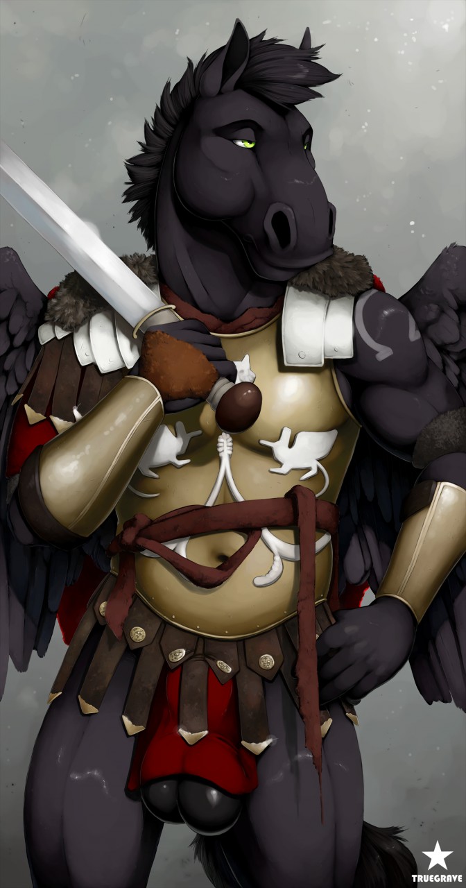 2019 5_fingers anthro armor balls black_hair black_skin bottomless clothed clothing equine feathered_wings feathers green_eyes grey_background hair hand_on_hip holding_object holding_weapon looking_aside male mammal melee_weapon muscular muscular_thighs pegasus roman simple_background solo standing sword truegrave9 weapon wings
