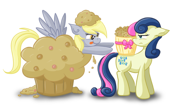 blue_eyes bonbon_(mlp) bow cutie_mark derpy_hooves_(mlp) duo equine female feral food friendship_is_magic frown fur hair horse long_hair looking_back mammal muffin my_little_pony pegasus plain_background pony smile tongue tongue_out transparent_background two_tone_hair wings xkappax