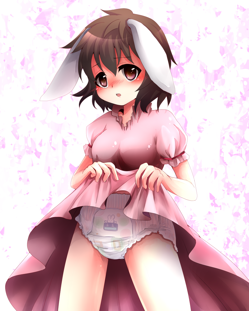 animal_ears bad_id bad_pixiv_id blush brown_hair bunny_ears diaper dress dress_lift inaba_tewi kazusa919329 open_mouth short_hair solo touhou