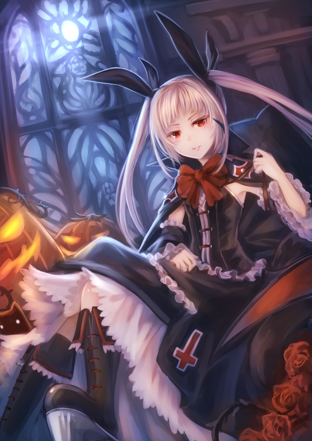 blazblue blonde_hair blush boots bow detached_sleeves dress flower frilled_dress frilled_sleeves frills hair_bow highres holding ks long_hair platform_footwear pumpkin rachel_alucard red_bow red_eyes ribbon rose sitting solo twintails window