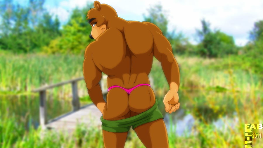5_fingers anthro back back_turned bear biceps big_muscles black_nose brown_fur brown_skin butt clothing fabfelipe fur grizzly_bear looking_at_viewer looking_back male mammal muscles outside pants pants_down shorts smile solo standing thong topless undressing
