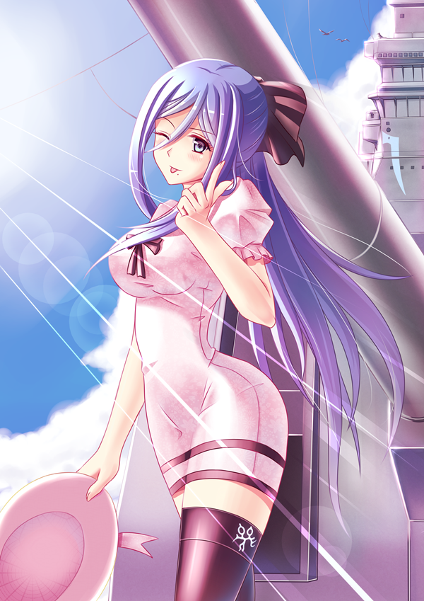 alternate_costume aoki_hagane_no_arpeggio arisu_(zzo900) black_legwear blue_eyes blue_hair breasts dress hair_ribbon hat hat_removed headwear_removed large_breasts long_hair military military_vehicle mole mole_under_mouth one_eye_closed personification ribbon ship solo takao_(aoki_hagane_no_arpeggio) taut_clothes taut_dress thighhighs tongue warship watercraft zettai_ryouiki