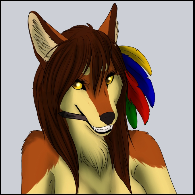 anthro avatar big_ears brown_fur brown_hair bust canine feathers female fur grin hair hairclip hashire hybrid icon iluq large_ears mammal pen red_wolf solo stylus teasing teeth wolf yellow_eyes