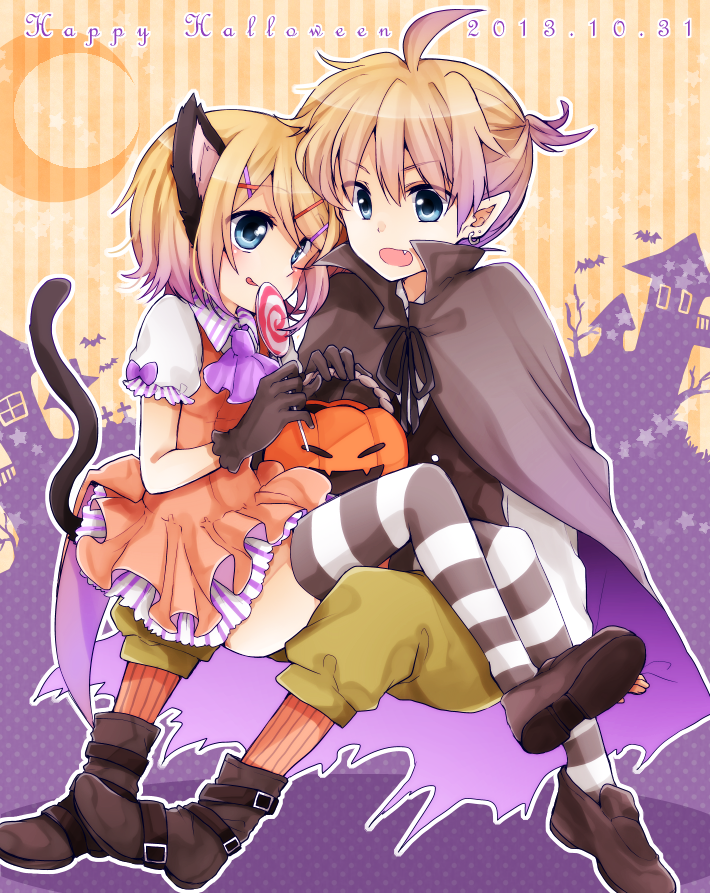 1girl :q animal_ears aqua_eyes bad_id bad_pixiv_id black_gloves blonde_hair blush brother_and_sister candy cape cat_ears cat_tail dress earrings fang food gloves hair_ornament hairclip halloween jewelry kagamine_len kagamine_rin lollipop noki_(potekoro) open_mouth pointy_ears puffy_sleeves short_hair short_sleeves siblings sitting sitting_on_lap sitting_on_person skirt smile striped striped_legwear swirl_lollipop tail thighhighs tongue tongue_out twins vocaloid