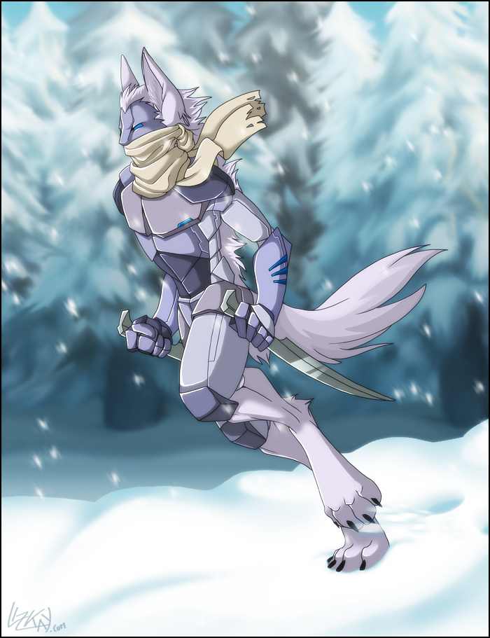 anthrofied blue_eyes canine claws fur grey_fur hair knife lizkay long_hair machine male mammal mechanical outside rey_body robot running scarf snow solo spread_legs spreading toe_claws tree white_hair wolf