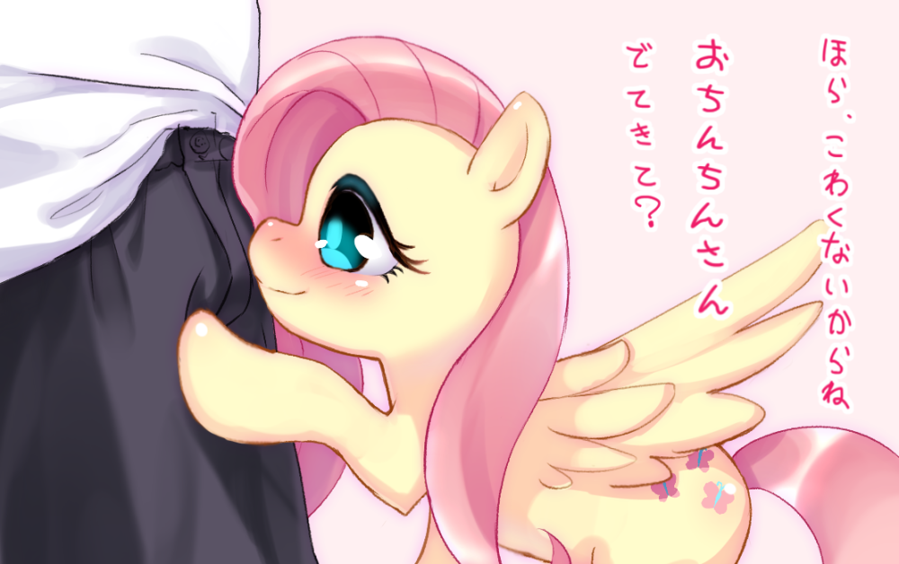 &#28961;&#32299;&#21106;&#33145;&#20024; ????? cutie_mark equine female feral fluttershy_(mlp) friendship_is_magic horse human japanese_text mammal my_little_pony pants pegasus pony shirt simple_background smile text translated wings