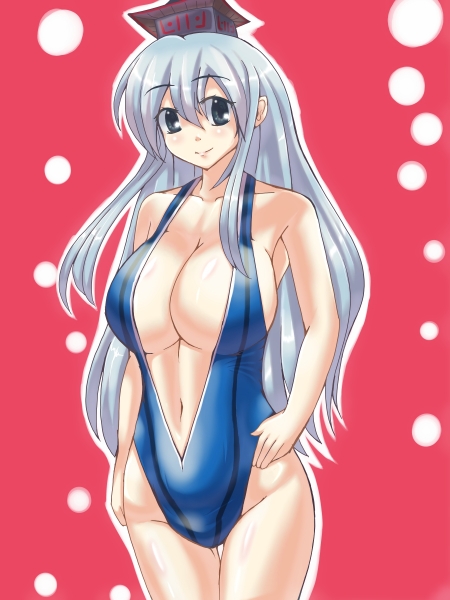 breasts cleavage collarbone easily grey_hair hat huge_breasts kamishirasawa_keine large_breasts long_hair midriff navel one-piece_swimsuit smile solo swimsuit touhou