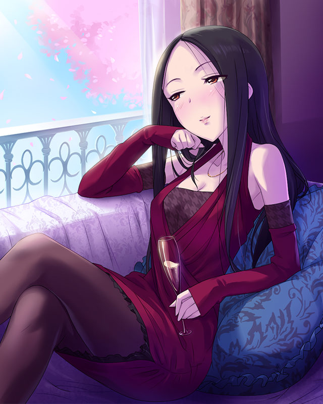 alcohol artist_request black_hair blush brown_eyes crossed_legs detached_sleeves dress hiiragi_shino idolmaster idolmaster_cinderella_girls jewelry long_hair necklace official_art pantyhose sitting smile solo star wine